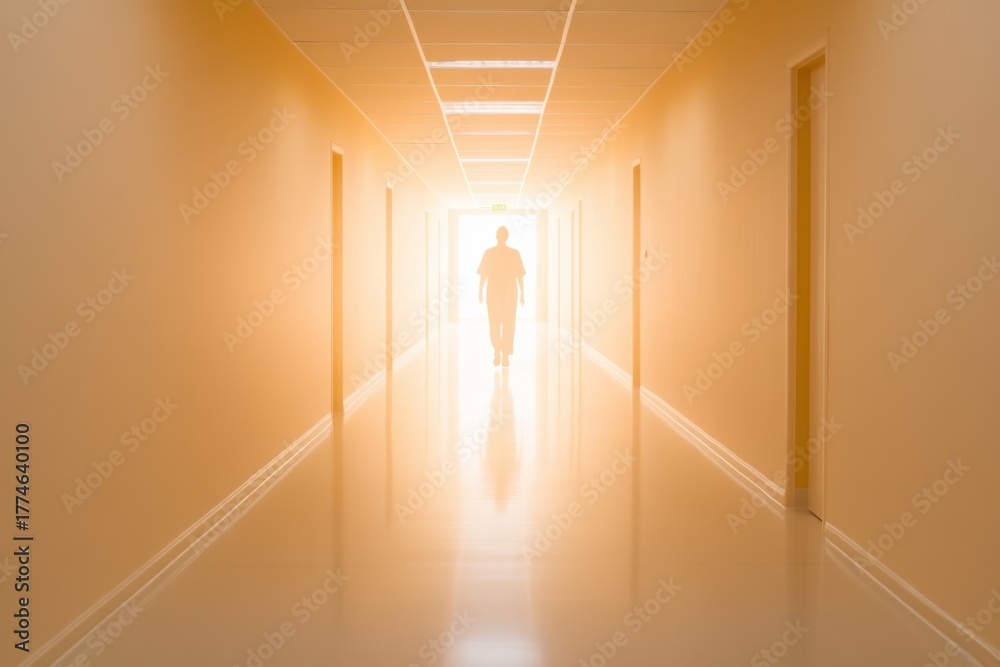 Obraz premium Illuminated Pathway to the Light: A silhouette of a person strides towards a radiant light at the end of a long, pristine corridor, evoking a sense of hope, purpose, and spiritual journey.