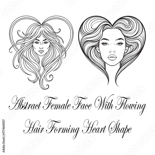 Elegant woman portraits with flowing hair shaped like hearts black and white