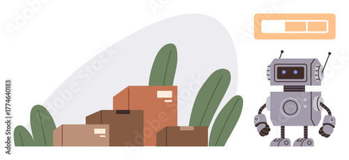 Robot assisting in logistics by managing cardboard boxes near green plants and progress bar. Ideal for automation, robotics, supply chain, warehouse, efficiency, innovation, and sustainability