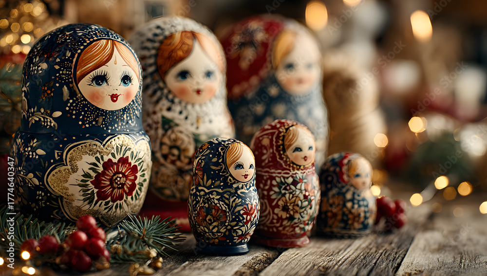 Fototapeta premium Russian matryoshka dolls in a festive Christmas setting with folk art