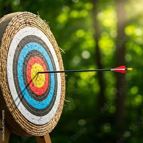 an archery target pinned to a hay bale, with multiple colorful fletched arrows deeply embedded, including one near the center bullseye, against a soft, sunlit forest background.