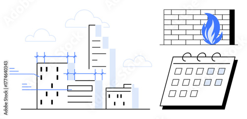 Skyscraper construction with blueprints, firewall graphic with flame, and calendar with marked dates. Ideal for construction planning, cybersecurity, urban design, project timelines, infrastructure