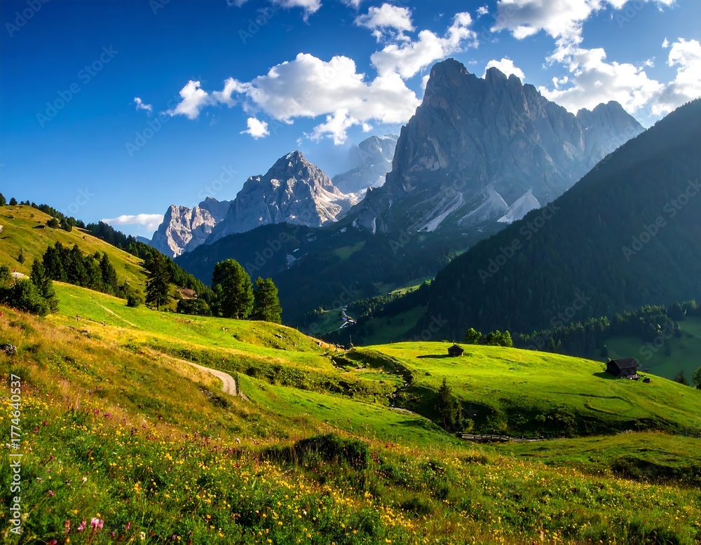 Fototapeta premium Lush green valley with wildflowers, a winding path, and small cabins, backed by towering, rugged mountains under a bright blue sky with fluffy clouds