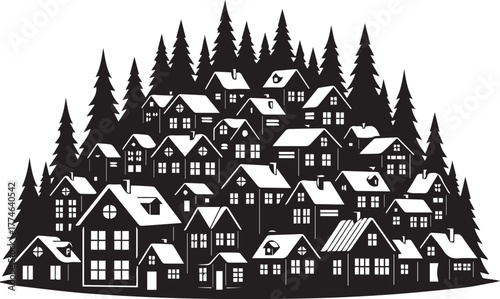 Tranquil Village Amidst Verdant Foliage: An idyllic village nestles harmoniously within a lush woodland.