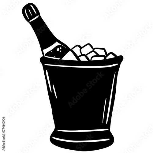 Black and White Vector of Champagne Bucket with bottle and Ice. Black and white  illustration of a champagne bucket filled with ice and a bottle, symbolizing celebration, luxury and  festive occasions