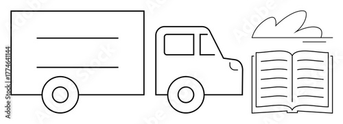 Truck beside open book and cloud, conveying education delivery, logistics, and knowledge sharing. Ideal for e-learning, education, logistics, sustainability, publishing innovation simple flat