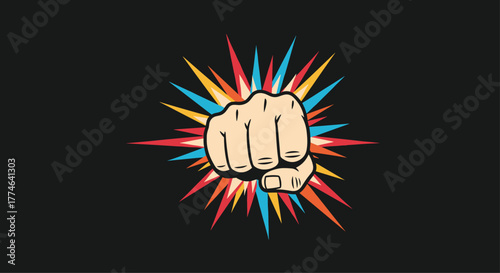 A powerful cartoon fist clenched and centered within a vibrant, multicolored starburst explosion, symbolizing strength, impact, or determination.