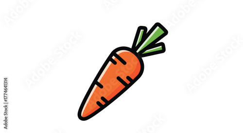 Cute cartoon illustration of a fresh orange carrot with green leaves, often associated with healthy eating and vegetables.
