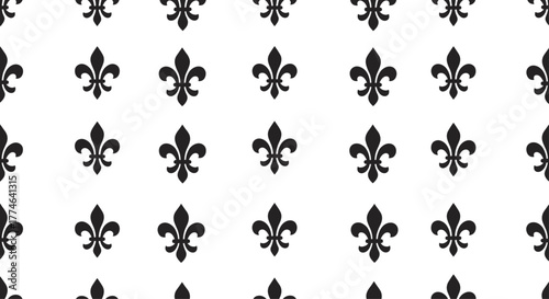 Seamless black and white fleur-de-lis pattern with a classic heraldic motif, perfect for decorative backgrounds and fabric prints.