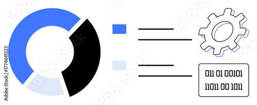 Pie chart segments flow into a gear and binary code, symbolizing automation, technology, and analytics. Ideal for data management, machine learning, analysis, statistics, workflow automation simple