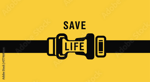 Graphic depicting a fastened seat belt on a vibrant yellow background, emphasizing the critical message to \.