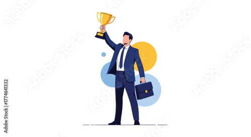 A successful businessman in a blue suit stands confidently, holding a golden trophy high in one hand and a briefcase in the other, symbolizing achievement and victory.