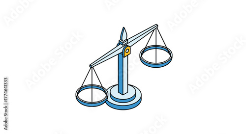 A simple isometric illustration of a classic balance scale with two empty pans, symbolizing justice, fairness, and accurate measurement.