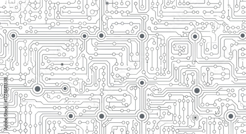 A detailed and abstract close-up of a futuristic electronic circuit board design, illustrating a complex network of connections and data pathways.