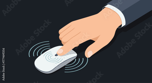 An illustrative image of a hand pressing a button on a sleek wireless computer mouse, representing digital action and wireless connection.
