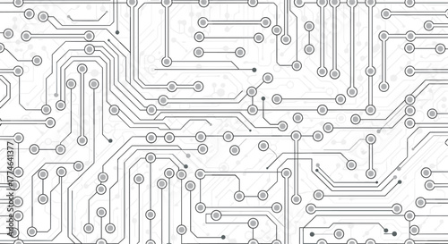Intricate grey circuit board pattern on a clean white background, showcasing interconnected digital pathways and advanced technology.