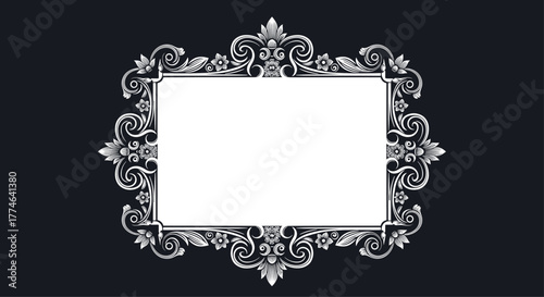 Elegant white ornate rectangular frame with intricate scrollwork and floral details on a dark gray background, perfect for vintage projects.