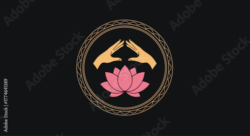 Stylized spiritual emblem featuring two hands in a mudra gesture above a beautiful pink lotus flower, framed by a golden ornate circle on a dark background.