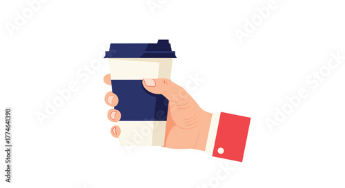A flat vector illustration of a human hand holding a disposable takeaway coffee cup with a blue sleeve and lid, isolated on white.