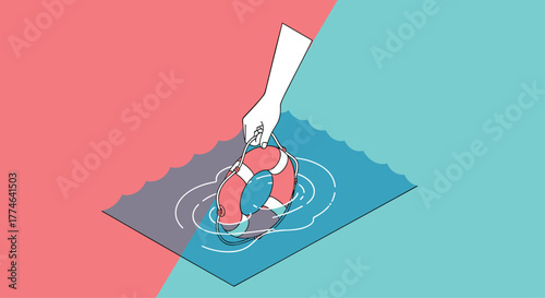 A hand extends a red and white life preserver into a body of water, creating ripples, with a split red and teal background.