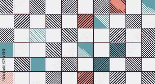 Abstract geometric pattern with squares in white, black, teal, and coral hues, featuring diagonal stripes and solid fills for a modern, eclectic design.