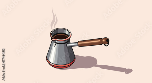 Steaming dark coffee in a classic metal cezve with a wooden handle, presented in an isometric pixel art style on a warm light background.
