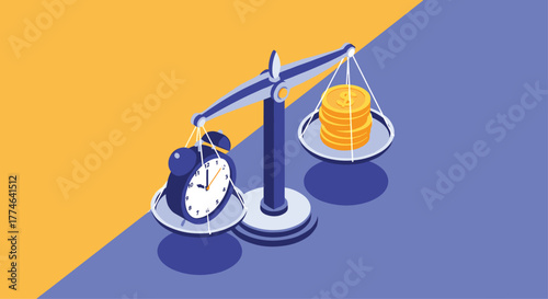 An isometric illustration features a classic balance scale with an alarm clock and a stack of gold coins, symbolizing that time is money.