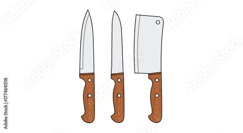 Illustration of three essential kitchen knives: a chef's knife, a serrated utility knife, and a sturdy meat cleaver, with wooden handles.