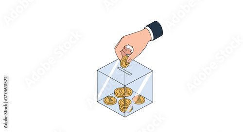 An isometric illustration shows a hand dropping a golden coin into a transparent collection box, symbolizing saving, investing, or donating funds.