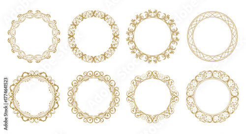 A versatile set of eight ornate golden round frames showcasing diverse intricate and elegant decorative designs for sophisticated projects.