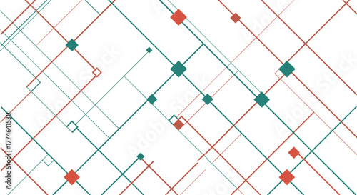 Dynamic geometric pattern with intersecting diagonal lines and colored diamond shapes on a clean white background, creating an abstract and modern design.