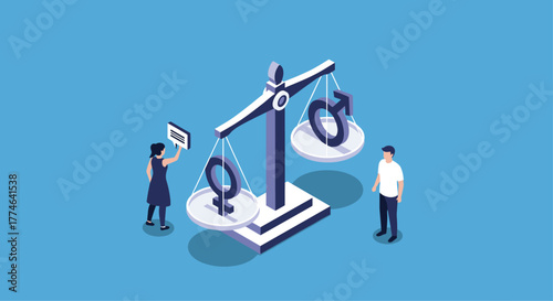 A woman advocates for gender equality, standing next to a balanced scale with male and female symbols, representing equal rights and fairness in society.