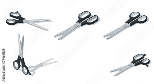 A set of five different pairs of scissors with black handles and metallic blades, some open and some closed, casting shadows on a white surface.