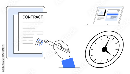 Hand signing a contract with a pen, clock symbolizing time management, and laptop showing online research. Ideal for business, agreements, deadlines, productivity, planning, legal simple flat
