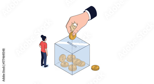 A person observes as a hand places a coin into a transparent savings box, symbolizing financial planning, donations, or future investments.