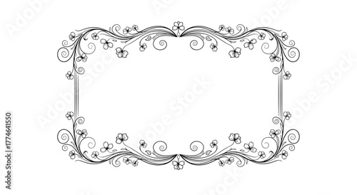 Elegant black and white floral frame with intricate swirling vines and clover-like leaves, perfect for invitations and decorative designs.