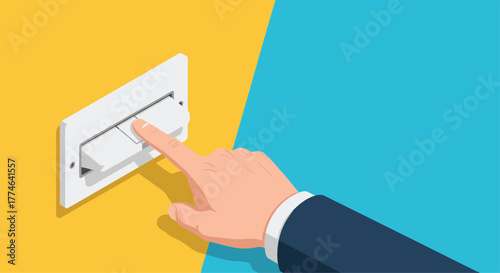 A person's hand with a finger presses an electrical light switch against a wall with a yellow and blue background.