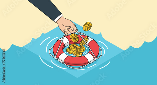 A business hand offers a lifebuoy filled with gold coins in the water, symbolizing financial rescue, investment, and economic security.