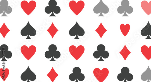 Abstract repeating pattern featuring various playing card suits in red, black, and grey, creating a versatile background design.