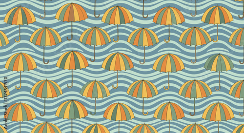 Seamless pattern of colorful striped umbrellas against a wavy blue background, evoking a whimsical rainy day.