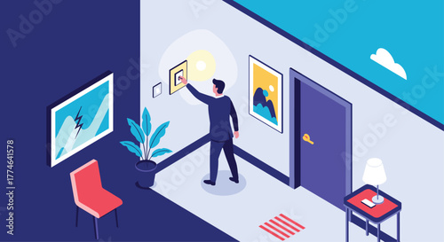 A man in a suit meticulously adjusts a framed picture on a light-colored wall, enhancing the decor of a modern interior space.