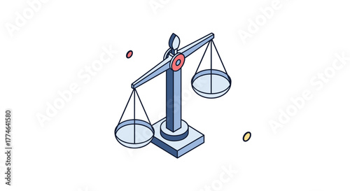 An isometric illustration of a classic balance scale, perfectly poised and empty, symbolizing justice, equality, and careful decision-making.