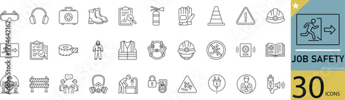 Minimal Job Safety Line Icon Set 30 Outline Symbols for Protection, Workplace, and Security Design