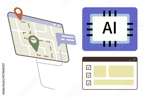 Interactive map with pins, AI chip, checklist interface. Ideal for navigation, automation, task management, smart solutions, location services data organization digital tools. Simple flat metaphor
