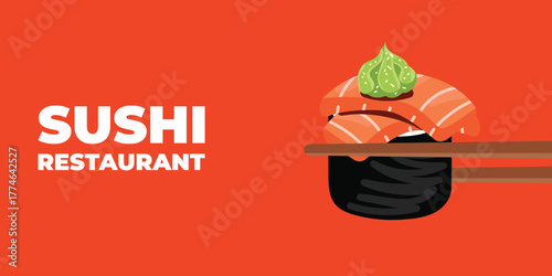 Bright sushi restaurant web banner with chopsticks holding sushi rolls on red background. Japanese food concept for restaurant, cafe, delivery or website promotion. Vector illustration