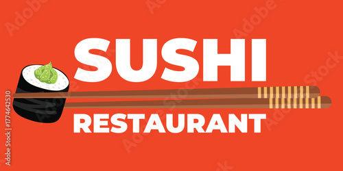 Bright sushi restaurant web banner with chopsticks holding sushi rolls on red background. Japanese food concept for restaurant, cafe, delivery or website promotion. Vector illustration