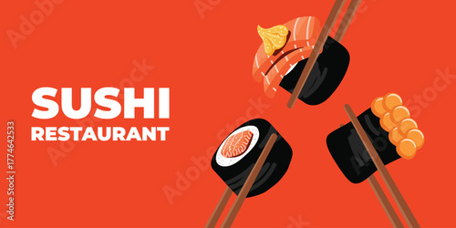 Bright sushi restaurant web banner with chopsticks holding sushi rolls on red background. Japanese food concept for restaurant, cafe, delivery or website promotion. Vector illustration