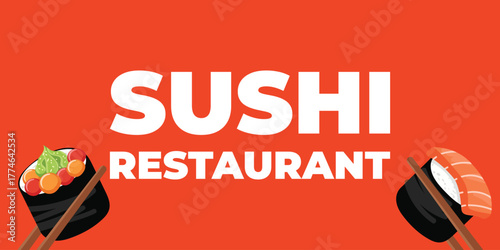 Bright sushi restaurant web banner with chopsticks holding sushi rolls on red background. Japanese food concept for restaurant, cafe, delivery or website promotion. Vector illustration