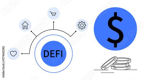 DEFI network connecting heart, house, cart, gear icons alongside dollar sign and stacked coins. Ideal for blockchain, fintech, investment, innovation savings economy growth. Simple flat metaphor