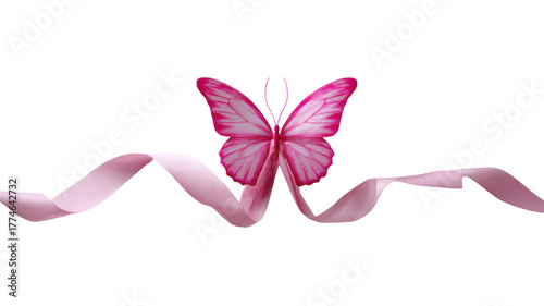 Pink Butterfly with Flowing Ribbon on white Background